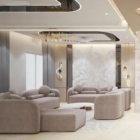 Living room with rounded mauve velvet modular sofas arranged around organic-shaped coffee tables, facing a sculptural 3D leaf-motif feature wall panel