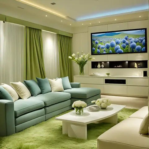 Living room with sage-green curtains, a shaggy lime-green rug, a seafoam sectional sofa and a floating TV wall unit with a display niche.