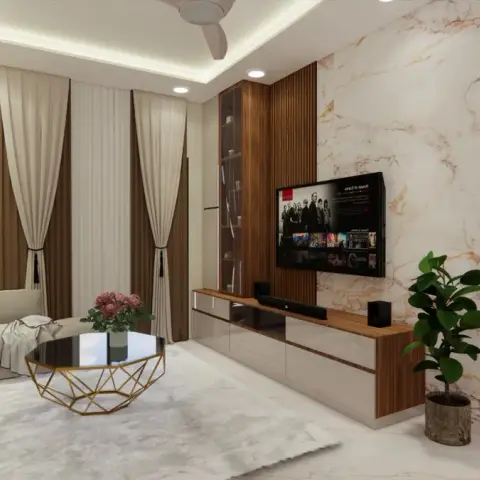 Living room with the TV mounted on a fluted walnut strip against a peach-veined marble slab wall