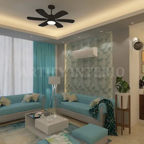 Living room with twin turquoise tufted sofas, a scallop-pattern wallpaper accent wall behind the AC unit, and a cove-lit ceiling with a black ceiling fan.