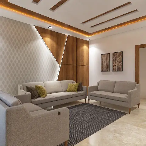 Living room with two grey fabric sofas around a dark geometric-pattern rug, a diamond-patterned wallpaper wall accented with angular wood panelling