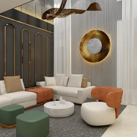 Living room with white sectional sofas, green velvet ottomans, and a terracotta accent chair