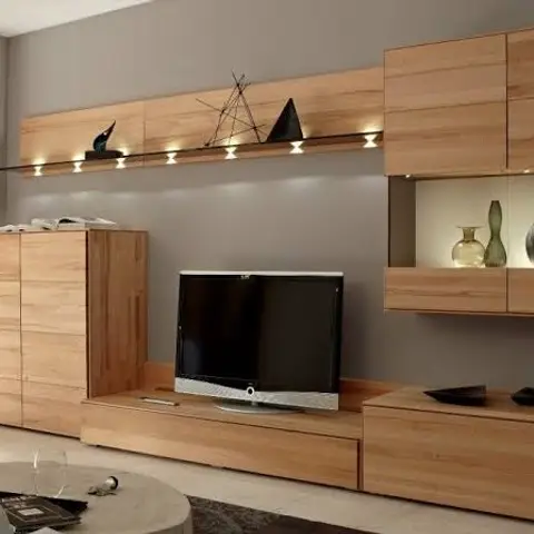 Living room wood veneer wall unit combining a floating TV console, tall storage cabinet