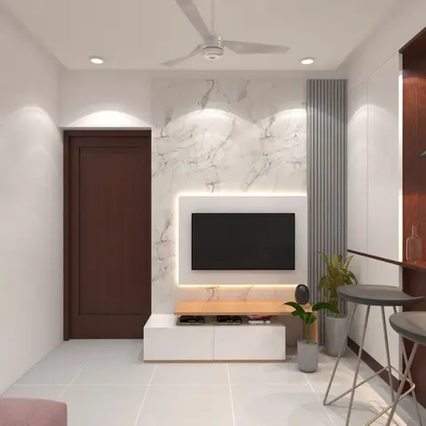 Living-to-kitchen open layout with a backlit marble-clad TV feature wall beside a fluted grey accent panel
