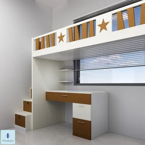 Loft bed render in white and tan — a raised sleeping deck with a star-and-batten guard rail running across the window