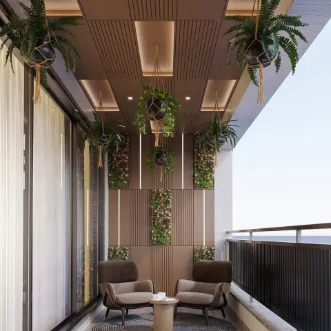 Long apartment balcony lined in brown WPC louvres, with vertical green-wall tiles set between LED strips