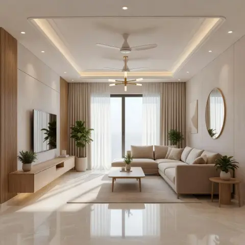 Long beige living room where an L-shaped sofa faces a wall-hung oak TV console set against floor-to-ceiling fluted slats