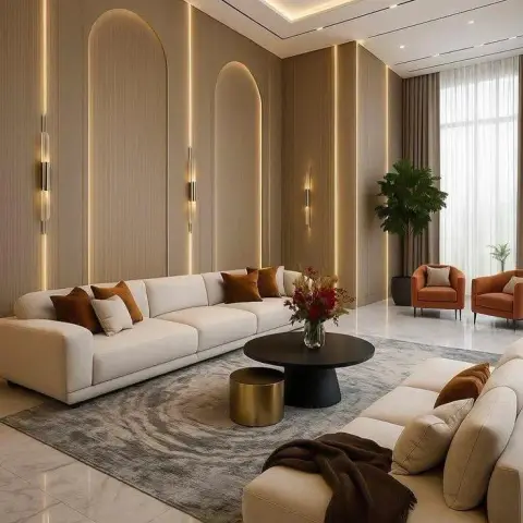 Long cream modular sofa against fluted beige panelling scored with arch reveals and vertical LED slots, slim brass tube sconces