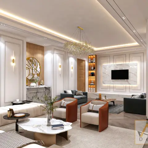 Long formal living room with cream channel-tufted sofas and tan leather-wrapped armchairs, a gold twig chandelier over a petal-shaped marble coffee table