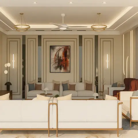 Long formal sitting room with two facing runs of cream timber-framed sofas, a beige moulded panel wall centred on a rust-and-black abstract canvas