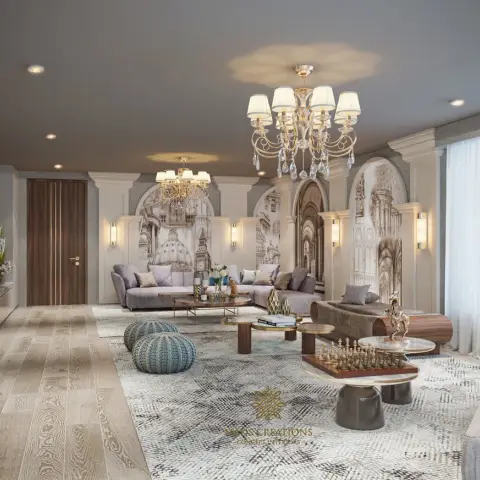 Long living-room render with sepia architectural-etching murals set inside white moulded arches, twin crystal chandeliers