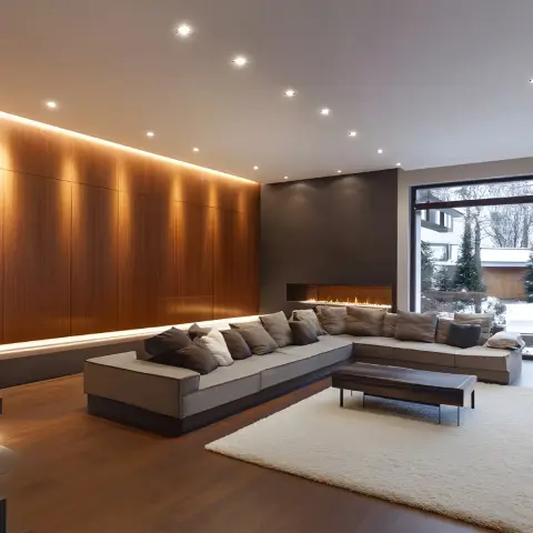 Long living room where a full-height walnut veneer wall grazed by a ceiling cove meets a dark plaster wall holding a linear ribbon fireplace