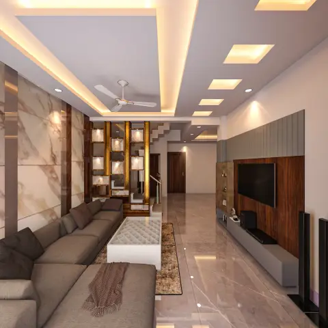 Long living room where a taupe L-sofa faces a walnut-clad TV panel topped by a fluted grey band