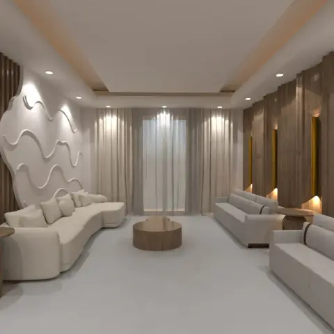 Long majlis-style sitting room with a sculpted white wave-relief panel behind a curved cream sofa
