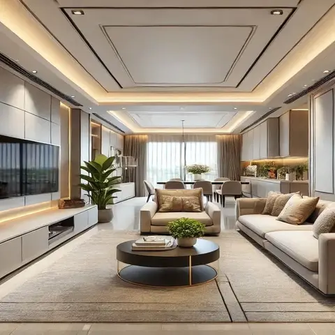 Long open-plan space showing a beige sectional facing a TV feature wall, a round black-and-brass coffee table, and a dining table beyond