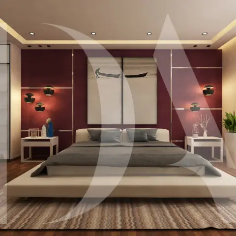 Low cream platform bed set against a wine-red panelled wall gridded with gold reveals