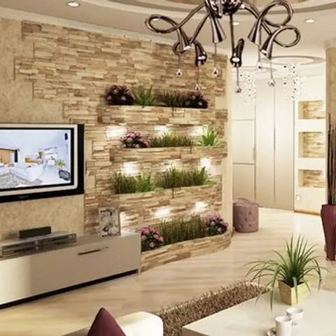 Low-resolution render of a living room where a split-face stone wall carries stepped planter niches of grasses beside a wall-mounted TV on a white floating