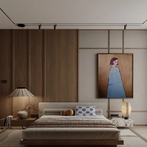 Low walnut platform bed against a wall that switches from full-height walnut wardrobe shutters to a beige shoji-style grid panel