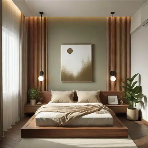 Low walnut platform bed with built-in floating bedsides against a sage bay framed by two runs of vertical wood slats