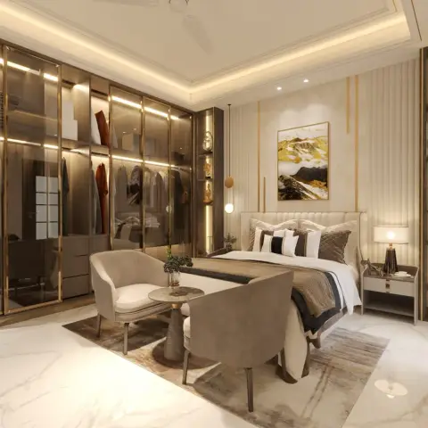 Luxury bedroom render with a bronze-glass and brass-framed wardrobe wall lit shelf by shelf