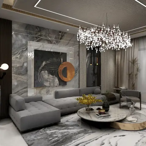 Luxury living room with a book-matched grey marble feature wall behind a large abstract canvas, a sprawling grey tufted L-sofa