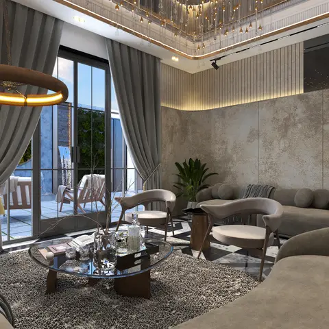 Luxury living room with grey velvet curved seating, a crystal ring chandelier, fluted-wood and stone-textured feature walls