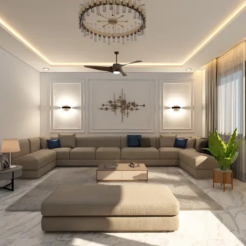 Luxury living room with raised wall panel mouldings framing a metal sculptural wall art piece between two sconces
