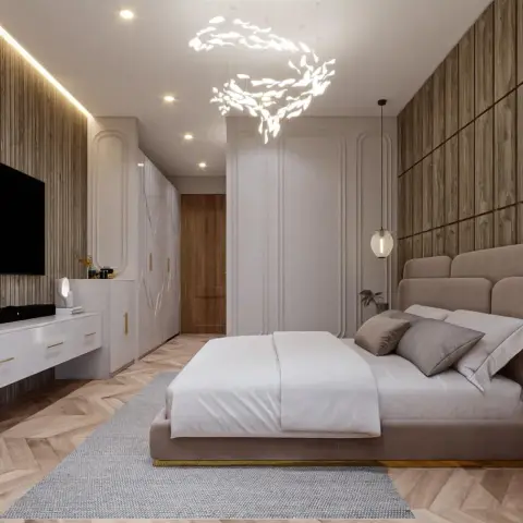 Luxury master bedroom with a sculptural cloud-form chandelier, wood-slat feature wall, built-in wardrobe and floating TV console over chevron wood flooring.
