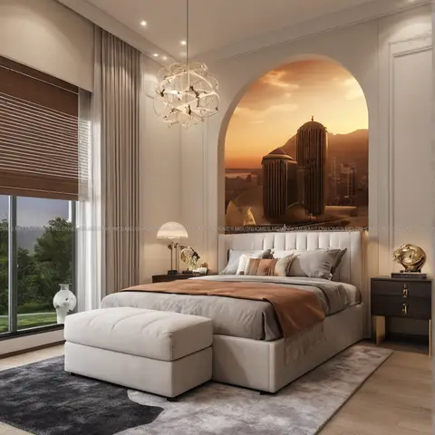 Luxury master bedroom with an arched wall niche displaying a scenic mural above an upholstered channel-tufted bedhead and a sculptural glass pendant chandelier