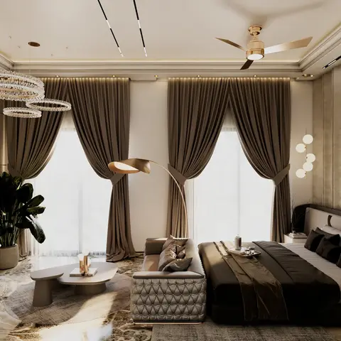 Luxury master bedroom with dramatic black-and-white marble slab walls, a built-in marble media wall, layered taupe curtains