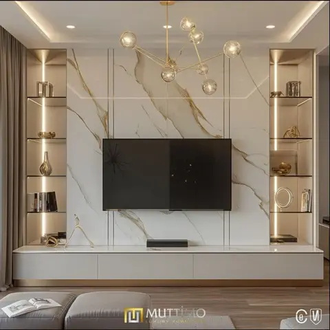 Luxury TV feature wall in gold-veined marble with backlit open display shelving flanking the television and a sputnik-style chandelier above