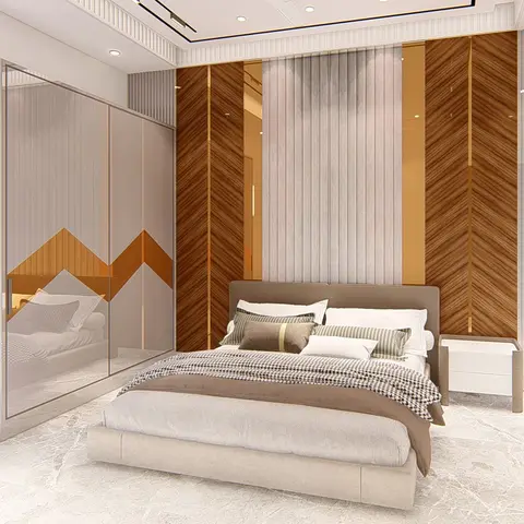 Master bedroom headboard wall in chevron-patterned wood veneer bordered by fluted panels, facing a mirrored sliding wardrobe.