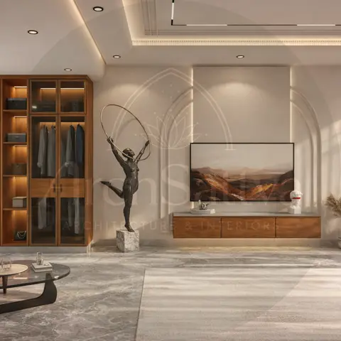 Master bedroom lounge with a glass-front walk-in wardrobe under arched wall niches, a floating wood TV console and marble flooring.