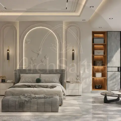 Master bedroom render with a carved arched wall panel behind the bed, open wood-lit wardrobe niche and a rust-orange armchair seating corner