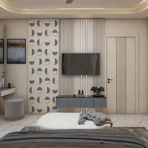 Master bedroom render with a crescent-shaped vanity mirror, circular mosaic accent wall, and a fluted-panel TV wall flanked by a wood door.