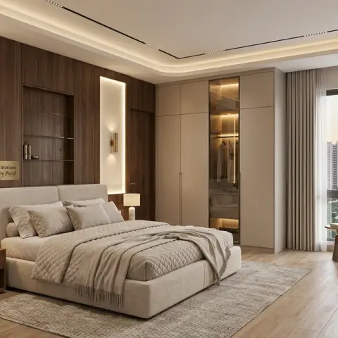 Master bedroom render with a walnut wood panelled headboard wall lit by backlit niches and brass sconces