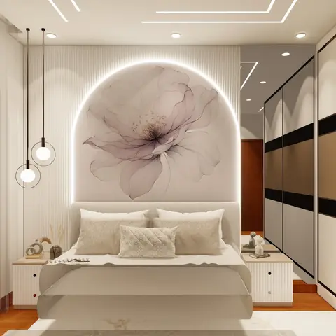 Master bedroom with a backlit arched fluted wall framing a large floral mural above the bed, twin globe pendants