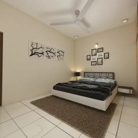 Master bedroom with a black upholstered platform bed and attached floating nightstand on a brown shag rug, a three-panel branch wall-art