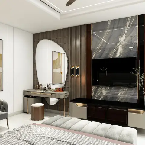 Master bedroom with a book-matched grey marble TV wall, gold-trimmed floating console, and an oval dressing mirror at a grey vanity.