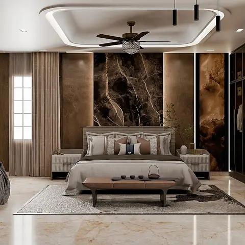 Master bedroom with a book-matched dark marble headboard wall flanked by warm wood panelling, a glass-fronted walk-in wardrobe to the side
