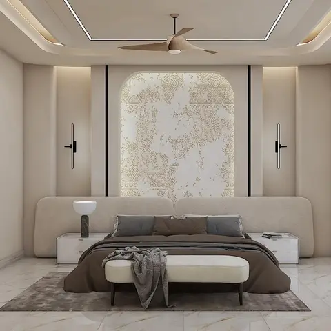 Master bedroom with a boucle upholstered bed and headboard wall, backlit mandala-patterned arch panel, symmetric wall sconces, and a cove-lit ceiling.