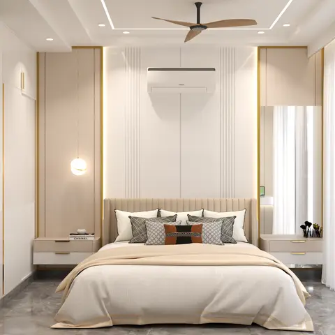 Master bedroom with a channel-tufted beige headboard, gold-trimmed fluted panel wall, and a curated open display shelf of decor figurines.