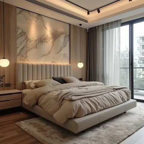 Master bedroom with a channel-tufted beige headboard beneath a large marble-effect feature panel, flanked by globe pendant lights, opening to a balcony