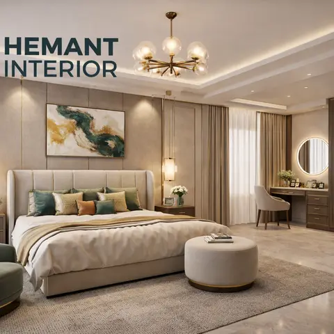 Master bedroom with a channel-tufted fabric headboard wall, a brass sputnik-style chandelier, a round backlit mirror over a dressing table