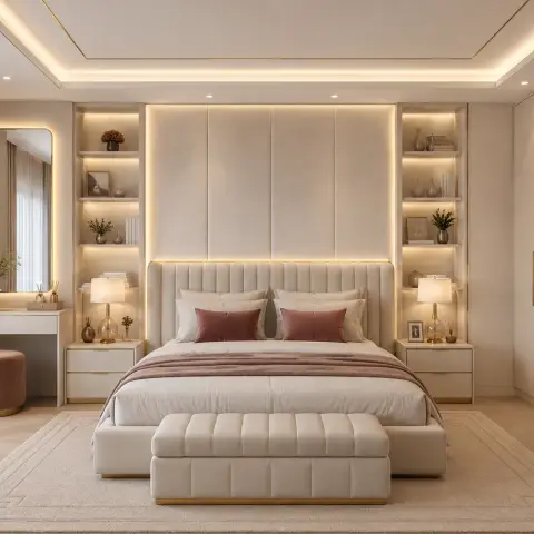 Master bedroom with a channel-tufted upholstered headboard wall flanked by backlit open shelving, a matching dressing table with a lit mirror