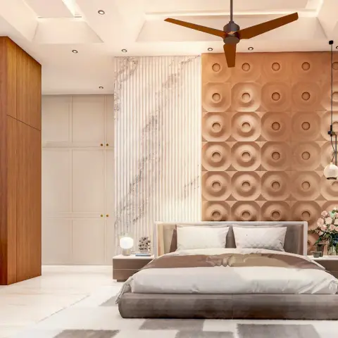 Master bedroom with a circular-textured terracotta accent wall behind the bed, full-height wood wardrobes, and an open display shelf styled with decor pieces.