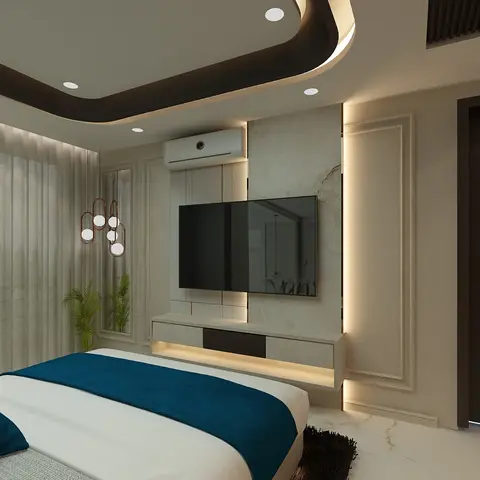 Master bedroom with a curved dark cove ceiling, a floating TV console against a marble accent panel, a cluster pendant light, and navy-and-white bedding.