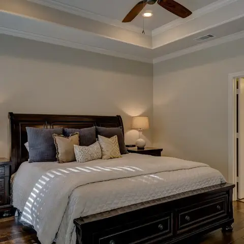 Master bedroom with a dark wood sleigh bed and matching nightstands under a tray ceiling, dark hardwood flooring, and a doorway open to an en-suite bathroom