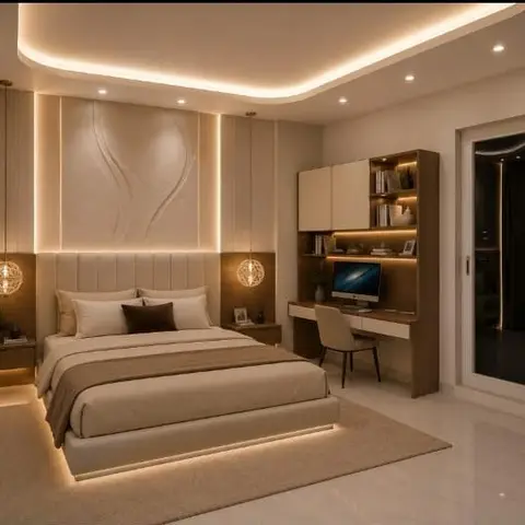 Master bedroom with a floating bed on a backlit plinth, a sculptural wave-relief headboard wall lit by two sphere pendant lights
