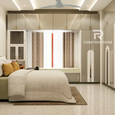 Master bedroom with a floor-to-ceiling mirrored wardrobe wall, arched mirror-panel doors, a window seat nook